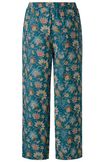 Hose petrolblau mit floralen Mustern in Orange und Beige, gerade geschnitten, elastischer Bund ohne sichtbare Verschlüsse