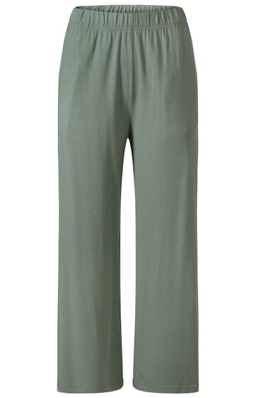Locker geschnittene Hose in Salbeigrün, elastischer Bund, gerade Beine, ohne Muster oder zusätzliche Details