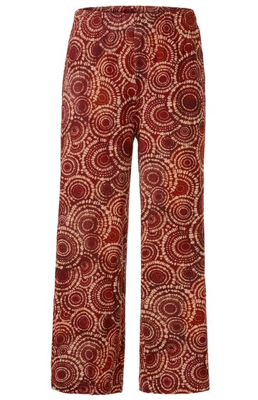 Weite Hose in dunklem Rot mit beige-weißen, konzentrischen Kreis- und Punktmustern, elastischer Bund, gerade geschnitten