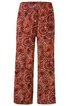 Weite Hose in dunklem Rot mit beige-weißen, konzentrischen Kreis- und Punktmustern, elastischer Bund, gerade geschnitten