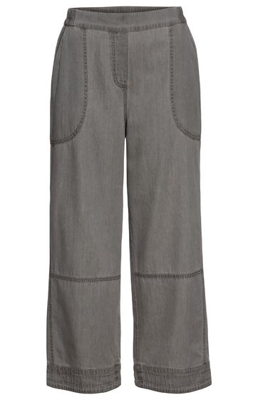 Hose in graubraun, locker geschnitten, gerade Hosenbeine, aufgesetzte Taschen vorne, Nahtdetails an Taschen und Saum, elastischer Bund, knöchellang