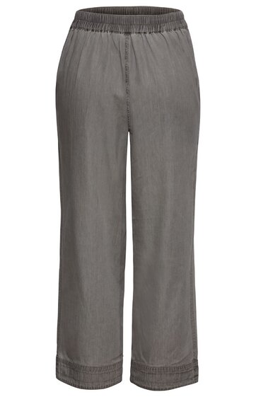 Locker geschnittene Damenhose in graubraun, ohne Muster, elastischer Bund, lange gerade Beine, dezente Nähte am Saum