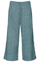 Weite, knöchellange Damenhose in grünblau mit feinem Strukturmuster, hoher Bund mit Knopf und verdecktem Reißverschluss, drei Zierknöpfe an den unteren Außenseiten der Hosenbeine