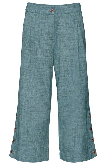 Weite, knöchellange Damenhose in grünblau mit feinem Strukturmuster, hoher Bund mit Knopf und verdecktem Reißverschluss, drei Zierknöpfe an den unteren Außenseiten der Hosenbeine