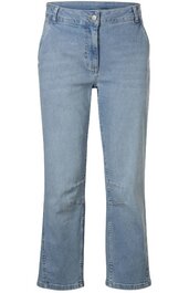 Helleblau-hellblaue Jeanshose, gerade geschnitten, sichtbare Nähte, Knopf- und Reißverschluss vorne, keine Muster, ohne weiteren Zierrat