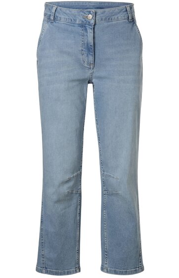 Helleblau-hellblaue Jeanshose, gerade geschnitten, sichtbare Nähte, Knopf- und Reißverschluss vorne, keine Muster, ohne weiteren Zierrat