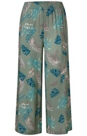 weite Hose mit hohem Bund, hellgraugrüner Grundfarbe, Muster aus dunkeltürkisen und beigefarbenen Blättern, lockere Passform, gerade geschnitten