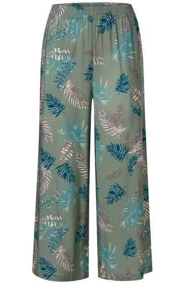 weite Hose mit hohem Bund, hellgraugrüner Grundfarbe, Muster aus dunkeltürkisen und beigefarbenen Blättern, lockere Passform, gerade geschnitten