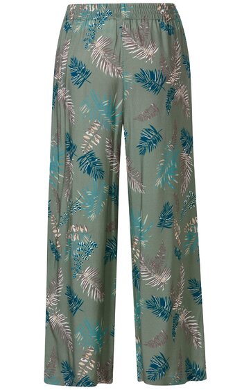 Locker geschnittene Hose in Salbeigrün mit Blattmuster in Blau und Hellrosa, hohem elastischem Bund, gerade geschnitten, lang