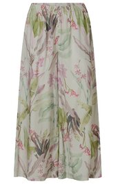 Weißer langer Rock mit floralem Muster in Rosa, Grün und Braun, elastischer Bund, weiter Schnitt