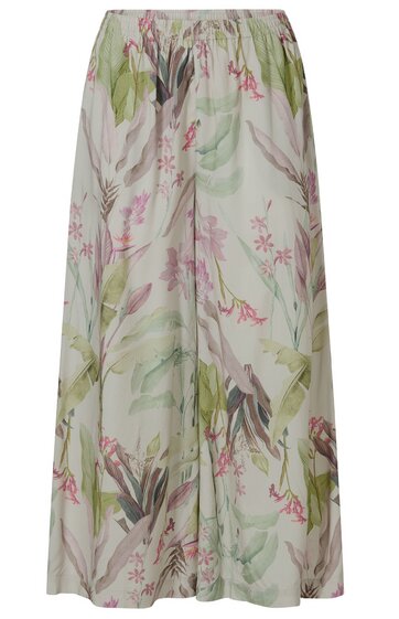 Weißer langer Rock mit floralem Muster in Rosa, Grün und Braun, elastischer Bund, weiter Schnitt