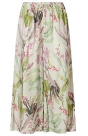 Weißer langer Rock mit floralem Muster in Rosa, Grün und Braun, elastischer Bund, weiter Schnitt