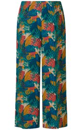 Freizeit-Hose in blaugrün mit buntem Blumen- und Blättermuster, gerader Schnitt, elastischer Bund ohne sichtbare Verschlüsse