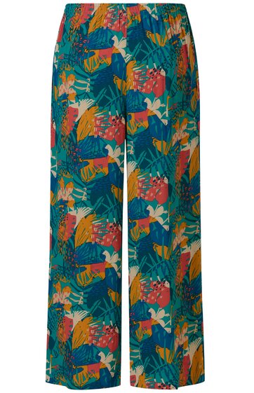 Freizeit-Hose in blaugrün mit buntem Blumen- und Blättermuster, gerader Schnitt, elastischer Bund ohne sichtbare Verschlüsse