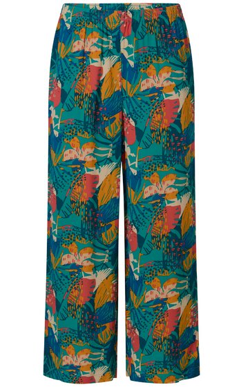 Weite Hose in Petrol mit buntem Blumen- und Blattmuster in Orange, Gelb, Rosa und Grün, elastischer Bund, gerade geschnitten