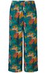 Weite Hose in Petrol mit buntem Blumen- und Blattmuster in Orange, Gelb, Rosa und Grün, elastischer Bund, gerade geschnitten
