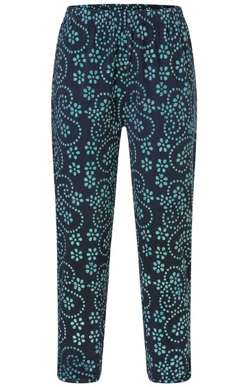 Hose in Dunkelblau mit hellblauem Punkten- und Paisleymuster, gerader Schnitt, elastischer Bund mit Tunnelzug