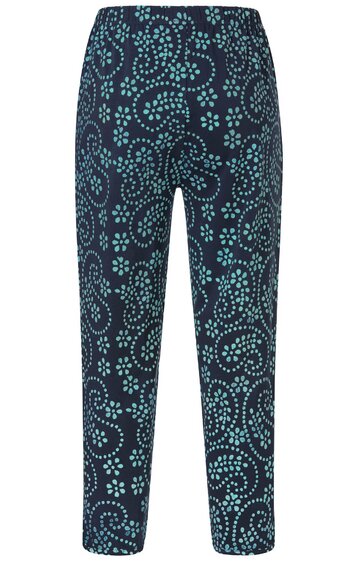 Dunkelblaue Hose mit hellblauem Punkten- und Blumenmuster, gerade geschnitten, elastischer Bund, knöchellang