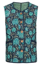 Ärmellose Weste in Dunkelblau mit hellblauen Blumenmuster, vorne vier braune Knöpfe, zwei seitliche Eingrifftaschen, Rundhalsausschnitt, Steppnähte als Design_detail