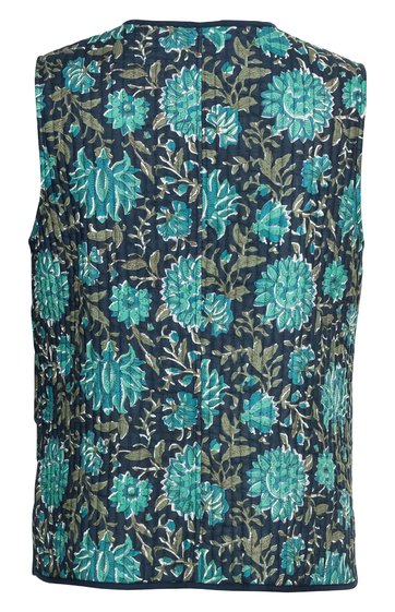 Ärmellose Weste in Dunkelblau mit großflächigem Blumenmuster in Türkis und Grün, Rundhalsausschnitt, gerade Form