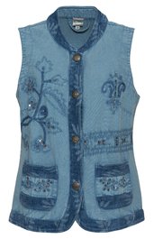 Ärmellose Jeansweste in hellem Blau mit dunkleren Jeansbesätzen, florale Stickereien links und rechts, vier sichtbare Knöpfe, zwei aufgesetzte Taschen mit Blumenstickerei, Rundhalsausschnitt