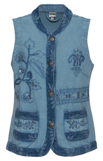 Ärmellose Jeansweste in hellem Blau mit dunkleren Jeansbesätzen, florale Stickereien links und rechts, vier sichtbare Knöpfe, zwei aufgesetzte Taschen mit Blumenstickerei, Rundhalsausschnitt