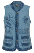 Ärmellose Jeansweste in hellem Blau mit dunkleren Jeansbesätzen, florale Stickereien links und rechts, vier sichtbare Knöpfe, zwei aufgesetzte Taschen mit Blumenstickerei, Rundhalsausschnitt
