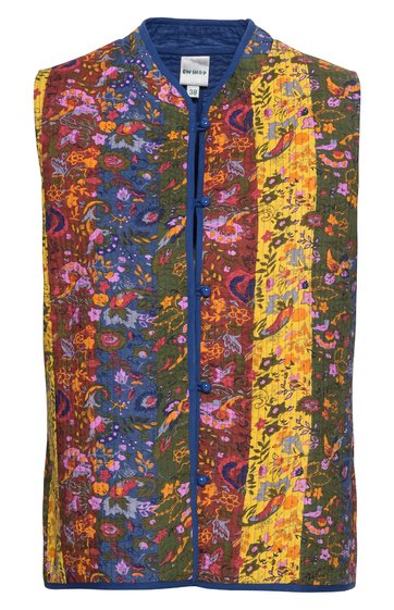 Ärmellose Weste mit buntem Patchwork-Muster in Blau, Gelb, Rot und Orange, Stehkragen, durchgehender Reißverschluss, gerade Form