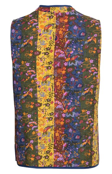 Ärmellose Weste in Dunkelgrün, Dunkelblau und Gelb mit floralem Muster, Rundhalsausschnitt, gerade geschnitten