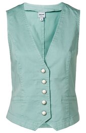 Ärmellose, hellemintfarbene Weste mit V-Ausschnitt, sechs weißen Knöpfen, zwei seitlichen Taschen, taillierte Form