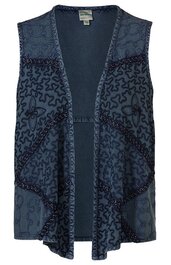 Ärmelloses Damenweste in dunklem Blau mit abstraktem, geschwungenem Muster, offene Vorderseite ohne Verschluss, gerade geschnittener Saum, Zierstreifen in dunklem Ton entlang der Kanten