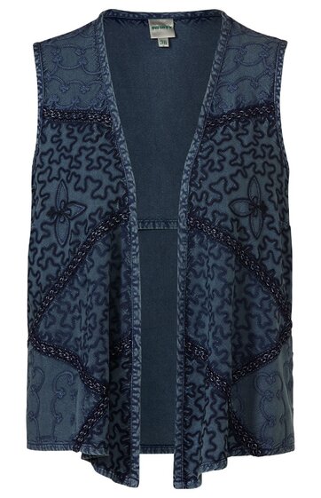Ärmelloses Damenweste in dunklem Blau mit abstraktem, geschwungenem Muster, offene Vorderseite ohne Verschluss, gerade geschnittener Saum, Zierstreifen in dunklem Ton entlang der Kanten