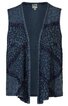 Ärmelloses Damenweste in dunklem Blau mit abstraktem, geschwungenem Muster, offene Vorderseite ohne Verschluss, gerade geschnittener Saum, Zierstreifen in dunklem Ton entlang der Kanten