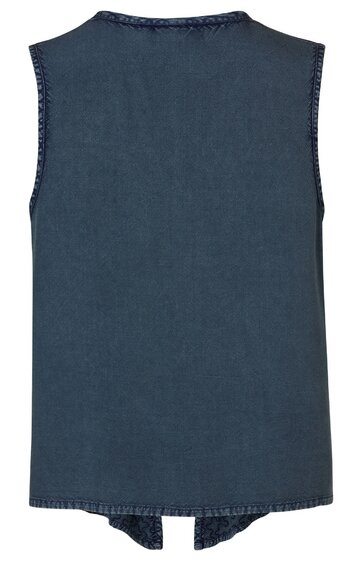 Ärmellose Weste in dunkelblau ohne Muster, Rundhalsausschnitt, gerade geschnitten, hinten leicht verlängert mit Schlitz