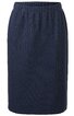 Dunkelblauer, knielanger Rock ohne Muster, gerade geschnitten, elastischer Bund ohne sichtbare Verschlüsse