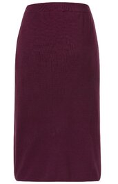 Knielanger Rock in dunklem Aubergine, schlichtes Design ohne Muster, gerader Schnitt, elastischer Bund