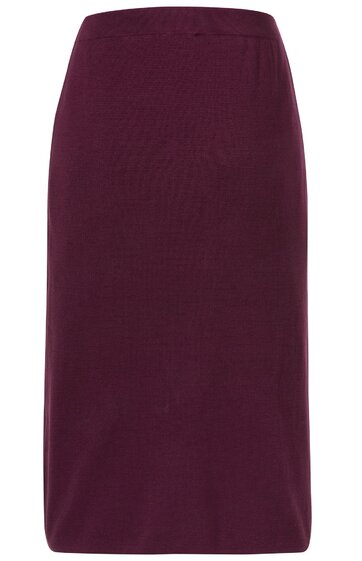 Knielanger Rock in dunklem Aubergine, schlichtes Design ohne Muster, gerader Schnitt, elastischer Bund