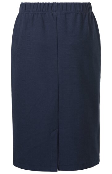 Navyblauer Midirock ohne Muster, elastischer Bund, gerade Form, kleiner Schlitz vorne Mitte