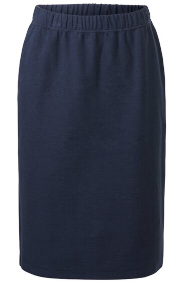 Dunkelblauer, knielanger Rock ohne Muster, gerade geschnitten, elastischer Bund ohne sichtbare Verschlüsse