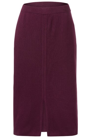 Dunkelroter knielanger Rock, gerader Schnitt, breiter Bund, Mittelfalte vorne, kleiner Schlitz in der Mitte unten