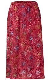 Langer Rock in dunklem Rot mit mehrfarbigen Blumenmustern, elastischer Bund, ausgestellte Form