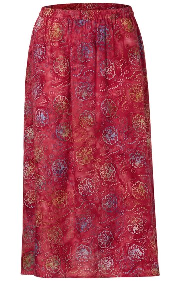 Langer Rock in dunklem Rot mit mehrfarbigen Blumenmustern, elastischer Bund, ausgestellte Form