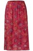 Langer Rock in dunklem Rot mit mehrfarbigen Blumenmustern, elastischer Bund, ausgestellte Form