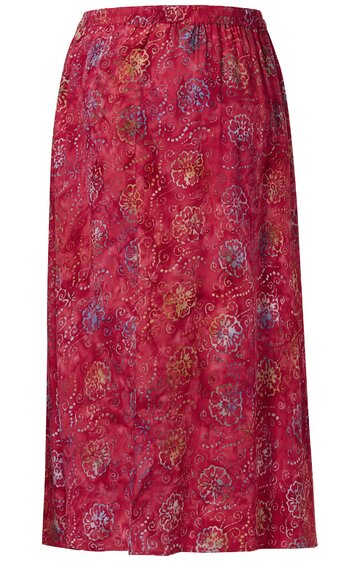 Roter Midirock mit floralen Mustern in Blau, Gelb und Weiß, Glockenform, elastischer Bund