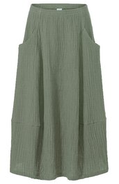 Langer, leger geschnittener Rock in olivgrün mit feinen, vertikalen Strukturstreifen, breitem elastischem Bund, zwei seitlichen, tiefen Eingrifftaschen, geradem Saum