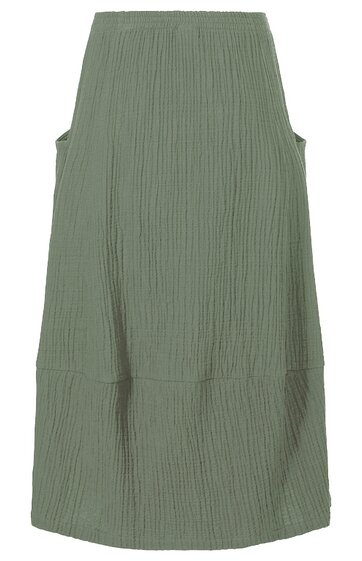 Knielanger Rock in olivgrün, unifarben, mit feiner, vertikaler Faltenstruktur, gerade geschnitten, ohne sichtbare Verschlüsse oder Taschen