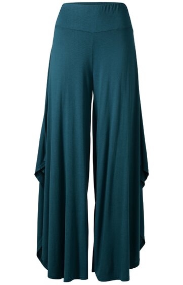 Hose in dunkelpetrol, weite Beine mit verlängerter, asymmetrischer Form an den Seiten, elastischer Bund, fließender Stoff
