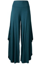 Hose in dunkelpetrol, weite Beine mit verlängerter, asymmetrischer Form an den Seiten, elastischer Bund, fließender Stoff