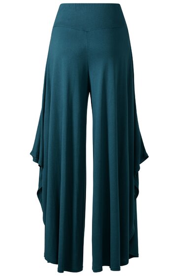 Dunkeltürkise, weit geschnittene Hose mit hohem, breitem Bund, fließender Stoff, asymmetrisch geschnittener, mehrlagiger Beinverlauf