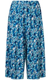 Hose in Blau mit floralem Muster in Weiß und Türkis, weit geschnitten, hohe Taille mit elastischem Bund, knöchellang